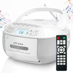 Greadio Boombox CD Player Portable Cassette Player with Bluetooth, FM Radio with Remote Control, AUX/USB Playback, Cassette Recorder, AC Cable/Battery Operated, LCD Screen for Kids (Ivory) image 1