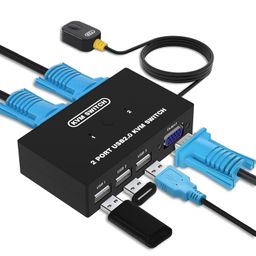 RuhZa HDMI CABLE ADAPTER USB VGA KVM Switch for 2 PC Sharing 1 Video Monitor and 3 USB Devices, Keyboard Mouse Scanner Printer, for Laptop PC Windows Mac OS System (2 PORT VGA USB KVM Switch Selector) image 1