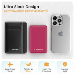 Ambrane 10000mAh Slimmest & Compact (Pocket/Bag Friendly) Powerbank, 22.5W Fast Charging, USB & Type C Output, Power Delivery, Quick Charge for iPhone, Android & Other Devices (Powerlit, Maroon) image 3