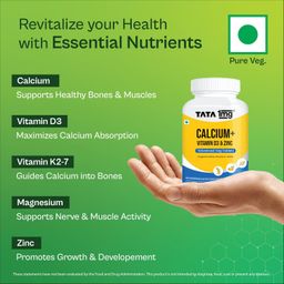 TATA 1mg Veg Calcium & Vitamin D3 supplement with Zinc, Magnesium & Alfalfa | High absorption Calcium Citrate Malate form | 500mg Calcium & 400IU Vitamin D3 | For strong bones & joints | 60 veg tablets image 4