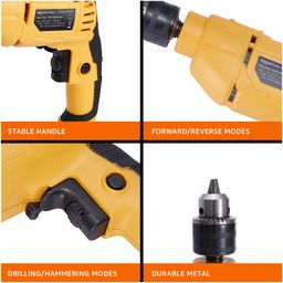 Amazon Basics Corded Variable Speed 550 W 13 mm Reversible Power Hammer Drill Machine | High Power Impact Drilling | Forward & Reverse Modes | 20L x 6W x 26H cm | Yellow image 4