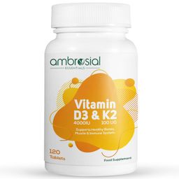 Ambrosial Vitamin D3 & K2 Tablets 4000IU Vitamin D3 + 100µg Vitamin K2 MK-7 for Healthy Bones, Muscles, and to Support The Immune System - 120 Tablets image 1