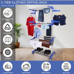 H Houseware Stainless Steel Heavy Duty Double Pole 3 Layer Cloth Drying Stand for Balcony | Clothes Stand for Drying| Cloth Stand image 3