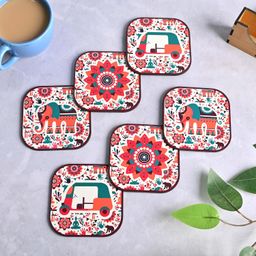 gift kya de GKD Coaster Set of 6 Vibrant India Theme Design Wooden Coasters to Serve Tea Cups, Coffee Mugs and Glasses (3.8 x 3.8 inch) (Square) (Ecofriendly) image 1