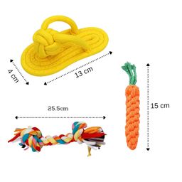 Foodie Puppies 3-in-1 Cotton Rope Chew Toy Combo for Small Dogs & Puppies | Durable, Safe Braided Rope Toys for Teething, Playing, Fetching & Training (2Knot, Carrot and Slipper) (Color May Vary) image 2