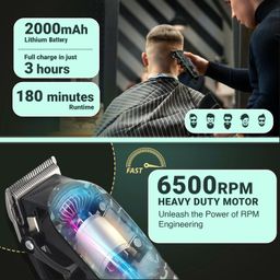 VGR VL-665 Limited Edition Professional Hair Clipper for Salon & Home Use | LED Display, 2000mAh Battery, 6 Guide Combs with Type-C USB Charging & 180 Min Runtime - Black/Green image 3