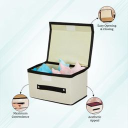 Amazon Brand - Solimo Large Storage Box with Lid | Foldable Storage Bin | Wardrobe Organizer for Clothes | Front Handle & Sturdy | 38 x 25 x 25 cm (Cream) image 4