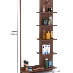 FURNIFLIX Engineered Wood Wall Mount Dressing Table Mirror with Shelves & Hooks - Walnut Finish image 2