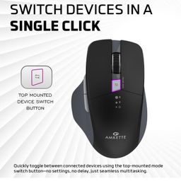 Amkette Hush Pro Epic M Rechargeable Wireless Mouse/Bluetooth Mouse | 3 Device Connectivity with Bluetooth and USB 2.4 GHz with Easy Switching, Silent Switches, Ergonomic Design, Upto 3200 DPI (Black) image 3