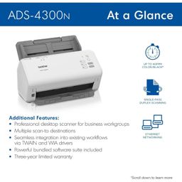 Brother ADS-4300N Professional Desktop Scanner with Fast Scan Speeds, Duplex, and Networking,White image 3