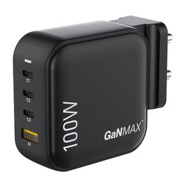 Ambrane 100W Charger Adapter, 4 Ports - 3 Type C & 1 USB for iPhone & Android, MacBook & Type C Laptop, Fast Charger with PD Technology & GaN Technology, for All Types of Devices (RAAP H100, Black) image 1