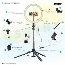 ustine USTINE® Youtuber Kit | 10" Ring Light | Imported mic | Extra-Long Selfie Stick with Large Reinforced Tripod Stand Upto 67 inch/170 cm with, BT Remote, Fb Videos, Reels, Vlog (with 10" Light) image 2