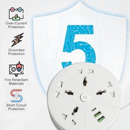 EMBOX Rotary Extension Board with USB C USB A Extension Board with Switches Universal Sockets LED Indicator-5 mtr Extension Cord, Multi Plug Socket with Safety Shutter(4 Sockets + 3USB Retractable) image 2