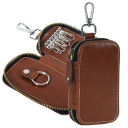 storite PU Leather Large Key Case Pouch Wallet Keychain Key Holder with 6 Hooks Zipper Closure - Brown image 1