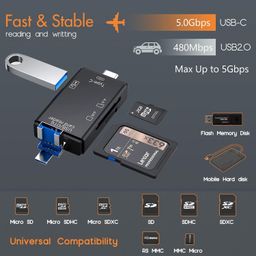 care case JTP SD/Micro SD Memory Card Reader, BorlterClamp 6 in 1 USB C SD/TF Card Reader MicroUSB OTG Card Reader Compatible with PC, Laptop, MacBook, Smartphone (Black)(JTP-144) image 2