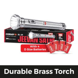 Eveready Jeevansathi DL65 | 3W Torch with Retro & Classic Touch | Powered by 4xD Battery | Super Bright White LED | 20000 Lux Output | 3.5 km Radius | Flasher Function | Durable Brass Body | Silver image 2