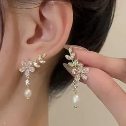 sgoeths Crawler Earrings For Women Cubic Zirconia Flower Drop Dangle Earrings For Sparkly Rhinestone Crystal Crawler Stud Curved Climber Cartilage Earrings With Tassel Chain for Bridal Wedding Jewelry image 5