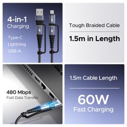 boAt FlexiCharge 400 Charging Cable w/ 4-in-1 Connectivity- USB-A, Type-C, & Lightning Ports, 60W/3A PD Fast Charging,480Mbps Data Sync,2 Swappable Heads,Silicon Cable Tie(Carbon Black) image 2