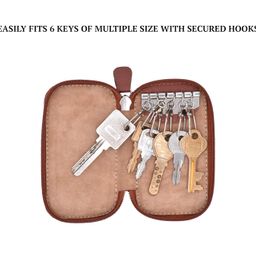 adamis Leather Keychain Holder Pouch, Key Case, Soft Strong and Compact Organiser and Wallet with Zip Closure and 6 Key Holder Hooks W55 Tan, Size 6 x 11 cm image 3
