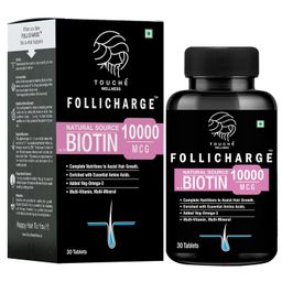 Touche Wellness Follicharge Tablets for Hair & Skin - Premium Formula with Biotin 10000 mcg with 18 Amino Acids, Mutli Minerals & Multivitamins for Men And Women 30 Tablets Bottle image 1