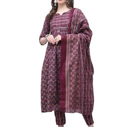 rajnandini Women's Cotton Blend Jaipuri Printed Kurta with Pant & Dupatta(Joplst218N-P_Wine & Beige) image 1