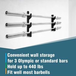 Kobo GA-12 Horizontal Stand for 3 Olympic Bar Wall Shelf Barbell Storage Support Up to 3 Bars l Space Saving l with Padded Shelves l Stable and Tough l Wall Mounting Kit (Imported) image 2