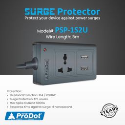 ProDot Power Spike Guard, Strip Surge Protector with Master Switch and 1 Outlets with 2 USB, Heavy Duty Extension Cord for Home, Office, Travel & Phone Charging Bricks (5 Meter) image 2