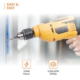 Amazon Basics Corded Variable Speed 550 W 13 mm Reversible Power Hammer Drill Machine | High Power Impact Drilling | Forward & Reverse Modes | 20L x 6W x 26H cm | Yellow image 2