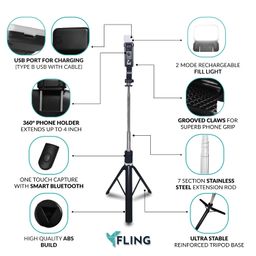 fling by ftlo FLING X1 by FTLO 3-in-1 Selfie Stick for Mobile Phone with Bright Fill Light, 170cm/67” Extendable Reinforced Tripod Stand, Wireless Bluetooth Remote for Photo Vlogging Travel on All Android / Iphones image 3