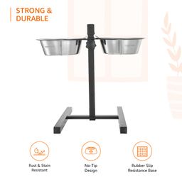 amazon basics Adjustable Double Diner for Food and Water for Dog & Cat, with H-Base and Two Removable Stainless Steel Bowls 2 X 1500 Ml, 44.9 Cm, 26.5 Cm, 42.5 Cm image 3