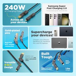 Stuffcool Quad Pro Max 4 in 1 Metal Braided Cable 1.5m 240W Rugged e-Marker chip gold plated connectors with lightning to type C, type C to C, Lighting to type A best for iPhones, Macbooks,Laptops image 4