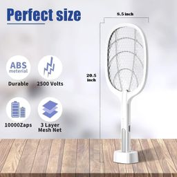 ZECVAC Mosquito Bat with UV Light Lamp, Mosquito Racket Bat with Base Stand, Auto Kill 2-in-1 Mosquito Racket, 1200mAh Lithium-Ion Rechargeable Battery, Handheld Electric Swatter Racket, USB Charging image 3