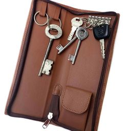chestkraft PU Leather Long Key Case Pouch Wallet Keychain Key Holder with 6 Hooks Zipper Closure (Tan-25.5 x 8.5 cm)-Double TAN image 3