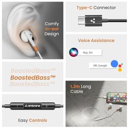 Ambrane Wired Type C in Ear Earphones with in-line Mic for Clear Calling, 1.2M Cable, 14mm Dynamic Drivers for BoostedBass, Multi-Functional Controller for Type C Enabled Mobiles (Stringz 02, White) image 2