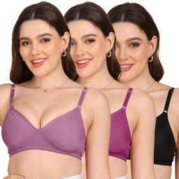 komli Lightly Padded Stripe-Print Full Coverage Bra | Non-Wired | Everyday Comfort | Regular Back (Pack of 3) image 1