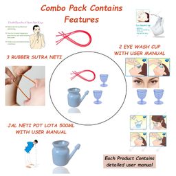 Widely Pure Jal Neti Pot Lota 500ml and 2 Eye Wash Cup and 3 Rubber Sutra neti combo pack with user manual image 2