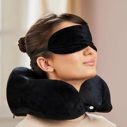 amazon basics Memory Foam Premium Travel Neck Pillow + Sleeping Eye Mask + Noise Isolating Ear Plugs Combo with a Portable Bag| Comfortable | Soft Velvet Fabric image 5