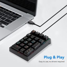 JPHTEK Number Pad, Mechanical USB Wired Numeric Keypad with Blue LED Backlit 21 Key Mini Numpad for Laptop Desktop Computer PC Black (Blue switches) image 3