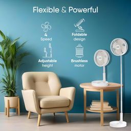 AGARO Grand Foldable Stand Fan with Remote Control, Rechargeable, 4 Speed, Copper Brushless Motor, Height Adjustable & Foldable Design, Travel Fan, Portable, Low Noise, Home, office, White image 2