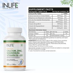 INLIFE Calcium Magnesium Zinc Vitamin D B12 | with K2 & Folic Acid Supplement for Women and Men - 120 Tablets (Pack of 1, 120) image 2
