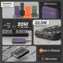 Ambrane 10000mAh Power Bank, Rugged & Slim, 22.5W Fast Charging, Compact & Travel-Friendly, USB & Type-C Output, PD & QC, Compatible with iPhone, Samsung, Oneplus & All Android (Force 10K, Purple) image 2