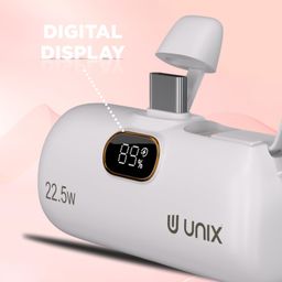 UNIX UX-1538 Slim 5000mAh Power Bank | 22.5W Fast Charging | Built-in Lightning & Type-C Cables | Digital Display | Ultra-Compact Mini Capsule Design | BIS Certified (White) image 3