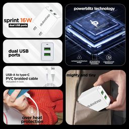 Dubstep Sprint 16W Dual USB Port Wall Charger with 1M Type-C Cable, Multi-Layer Smart Chip Protection, Fast Charging Adaptor for All iOS & Android Devices (White) image 3