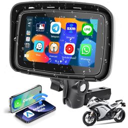 Hikity 5 Inch Wireless Apple Carplay & Android Auto Touch Screen for Motorcycle, Dual Bluetooth, IPX7 Waterproof, Siri/Google Voice Control, TF/USB Input image 1