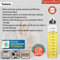 signora ware SignoraWare Even Flow 1000ml Borosilicate Glass Oil Dispenser and Pourer with Measurement, Transparent and pointer Oil Nozzle with Covering Lid, Leakproof Spill Proof, Easy Refill (1 litre, Set 1) image 4