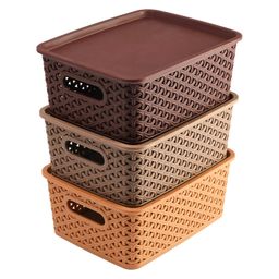 Kuber Industries Multipurpose Solitaire Storage Basket with Lid|Strong Plastic Material & Side Grip|Size Small 25 x 19 x 10.5,Pack of 3 (Multi)-CTLTC010898 image 1