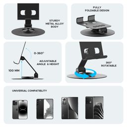 Amkette Ergo 360° Alloy Mobile Stand for Desk, Foldable Design with Stable Rotational Metallic Round Base, Multiple Height & Angle adjustments for Smartphones, Tablets & iPad (Black) image 2