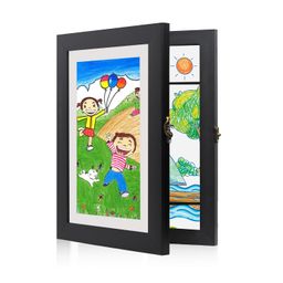THE FINE FRAMER Wood Kids Artwork Picture Frame Wall Mountable Art Frames With Storage Of 100 A4 Size Drawings, 10 Coloring Pages Photo Frame, Black 10X13.5 Inches, Rectangular image 1