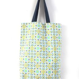 Canvas Tote Bag with Geometric Pattern, Yellow and Turquoise Design, Navy Handles image 1