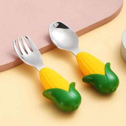 nimbose Nimbose® Steel Spoon & Fork Set for Babies with Soft Silicone Handles, Washable and Reusable Flatware, 1 Spoon & 1 Fork (Corn/Maize Design) image 5